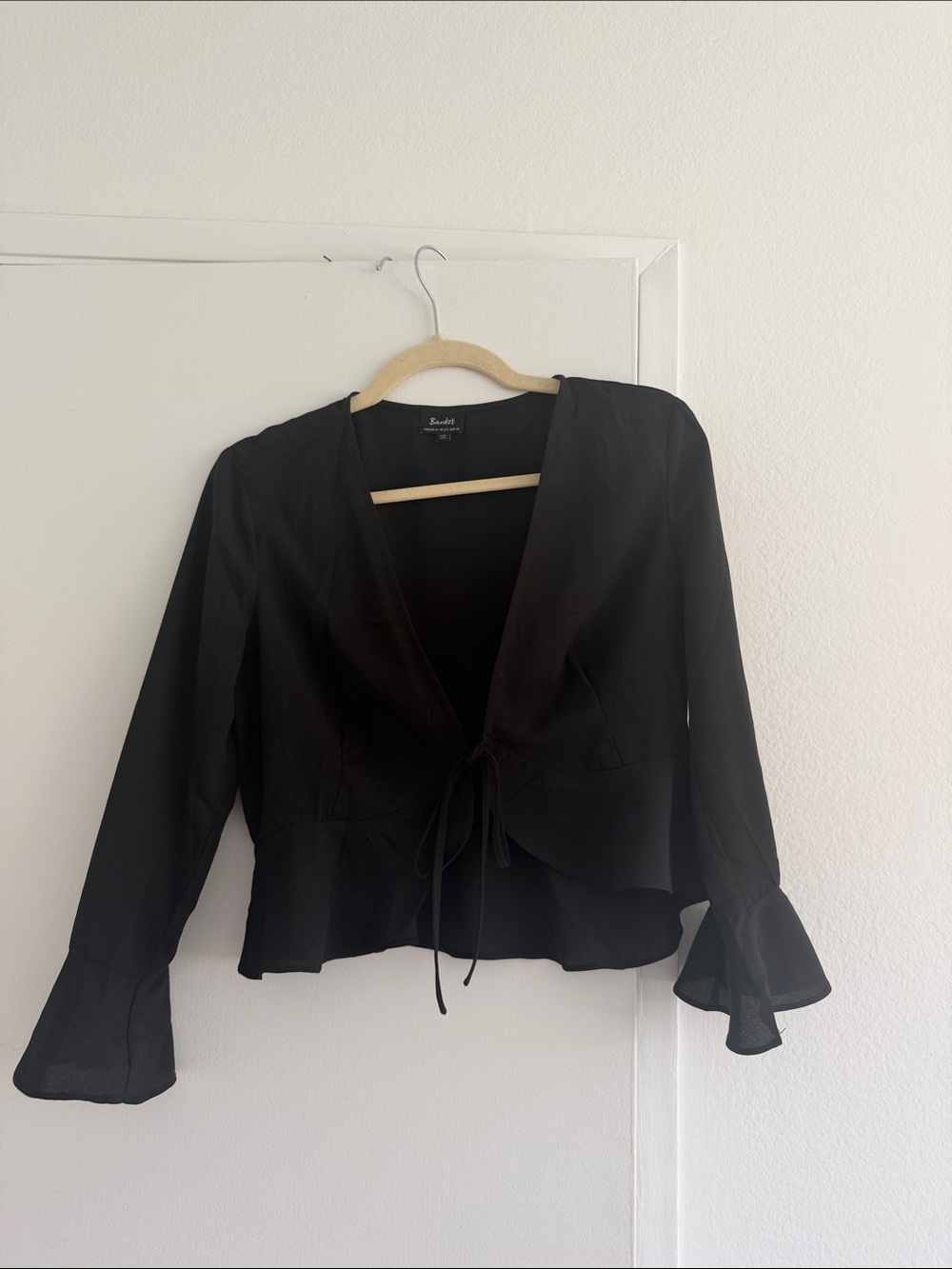 Bardot Black Tie-Front Ruffle Sleeve Blouse